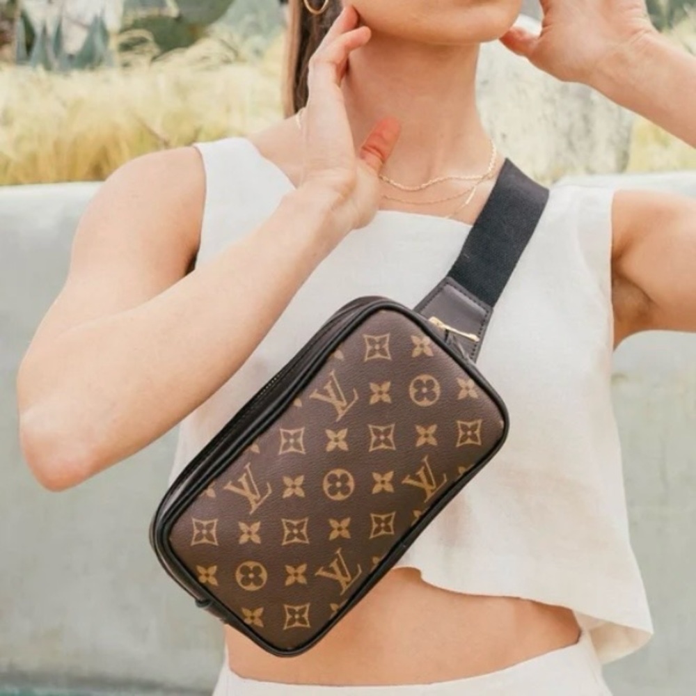 Vintage Boho Louis Vuitton Brown Monogram Canvas and Black Leather Pouch